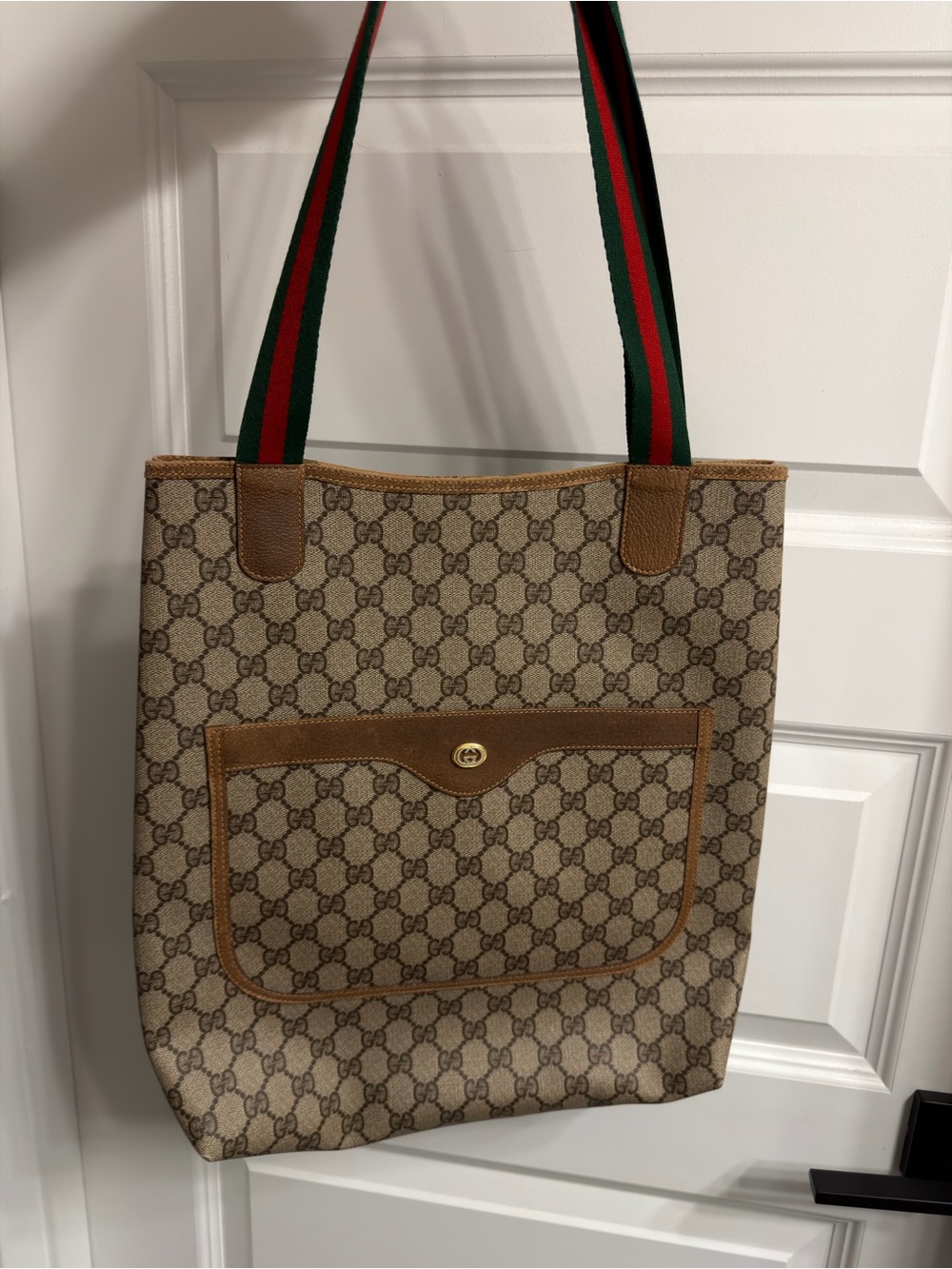 Gucci GG Supreme Sherryline Canvas Tote with Green-Red Web Straps
